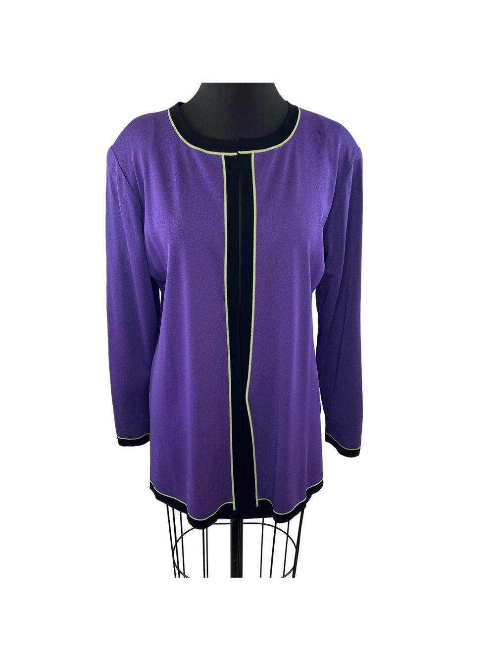 MISOOK Purple Black Open Cardigan Sweater Side Slit Round Neck M L ?